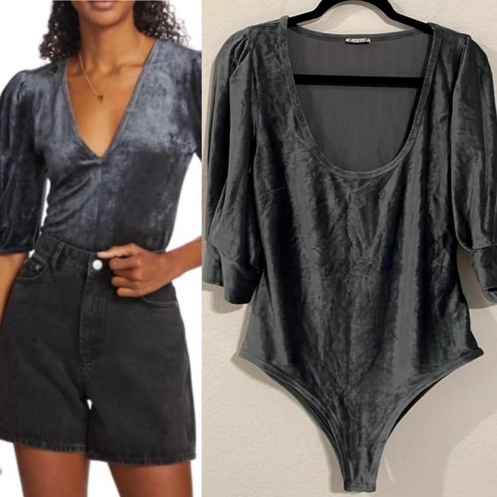Free People Women's Bodysuit Large Grey Puff Sleeve Corduroy Preppy Balletcore